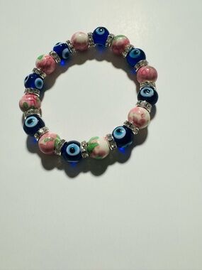 Handmade Pink Floral and Blue Evil Eye Stretch Bracelet